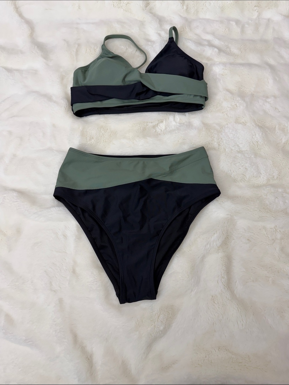 Cupshe Olive & Black Wrap-Detail High-Waist Bikini